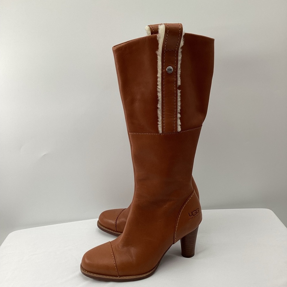 UGG Women's Tall Tan Leather Heeled Boots - Picture 3 of 16